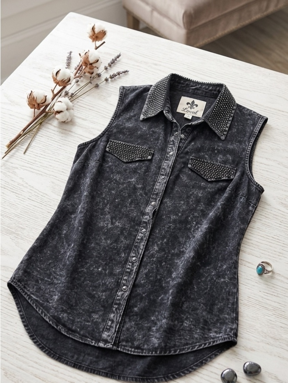 Vocal Black Mineral-Wash Sleeveless Studded Button-Down Shirt - Biker Apparel - Picture 3 of 8
